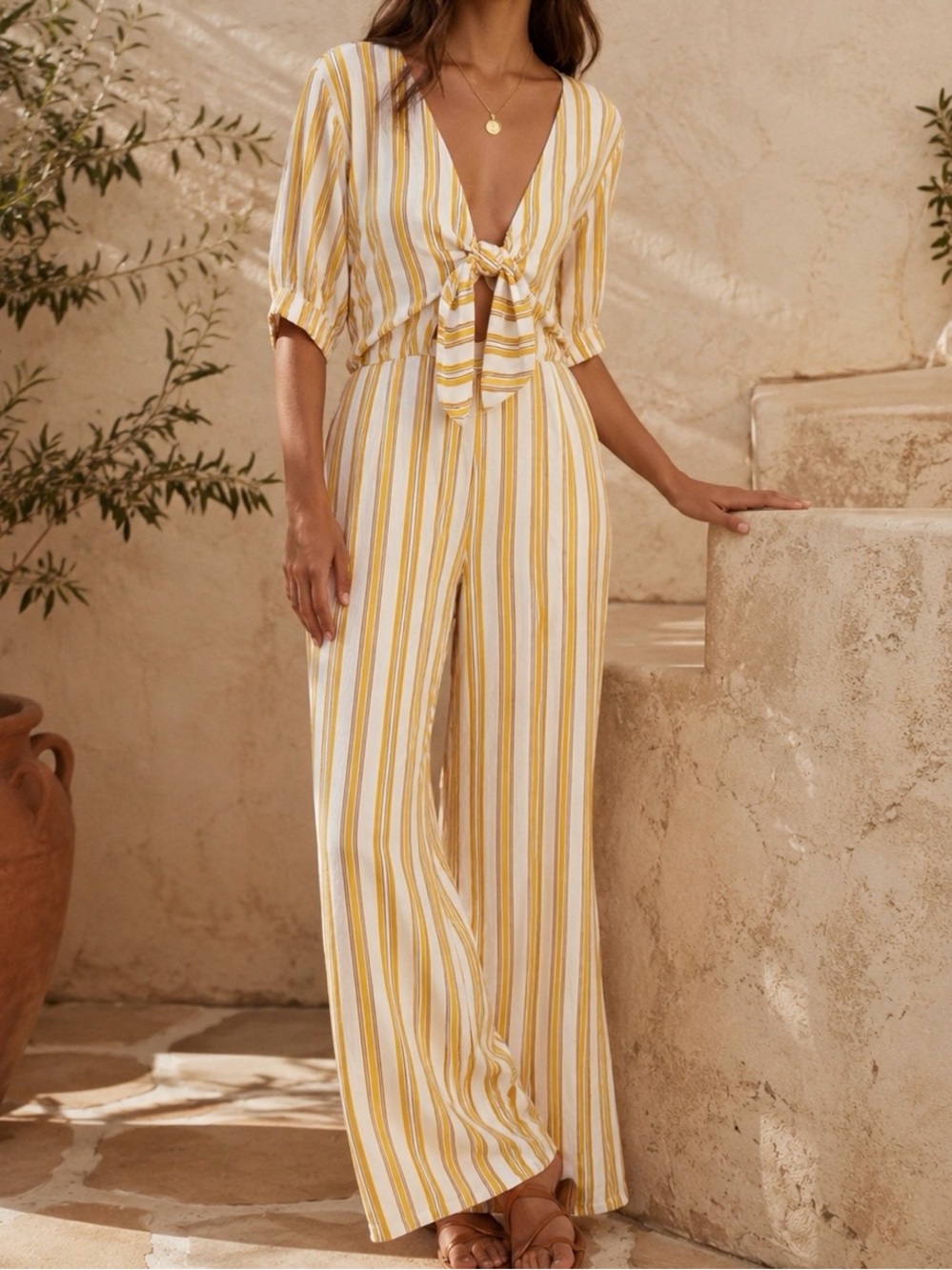 Faithfull The Brand ‘Matese’ Tie Front Jumpsuit in “Sun Stripe Yellow” Size 6